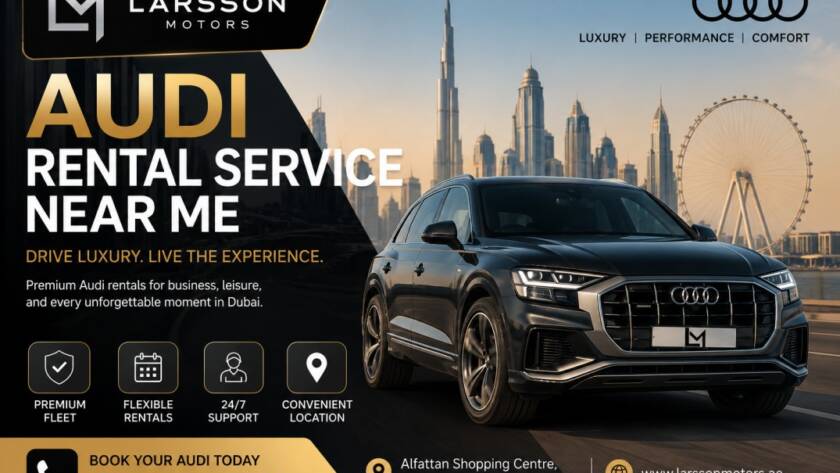Premium Audi luxury rental car in Dubai city during sunset