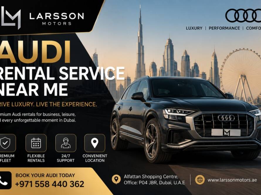 Premium Audi luxury rental car in Dubai city during sunset