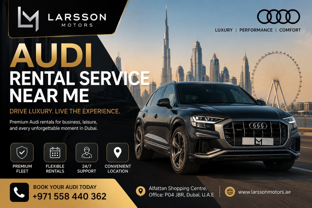 Premium Audi luxury rental car in Dubai city during sunset
