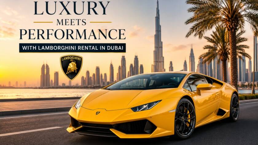 Luxury Lamborghini rental in Dubai driving along the city skyline
