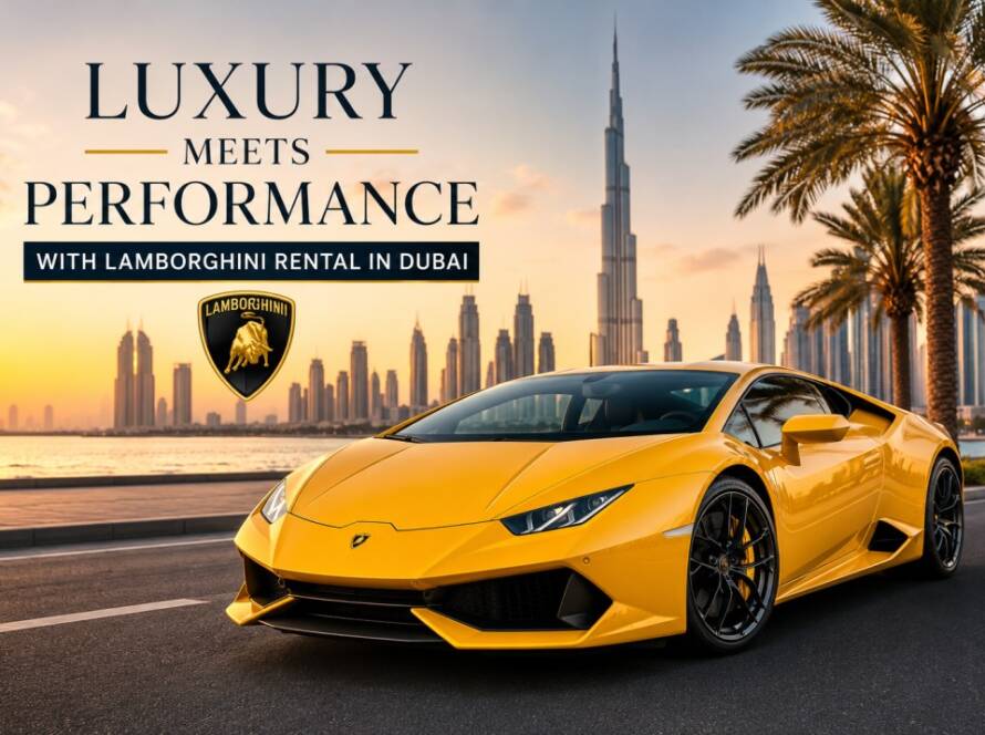 Luxury Lamborghini rental in Dubai driving along the city skyline
