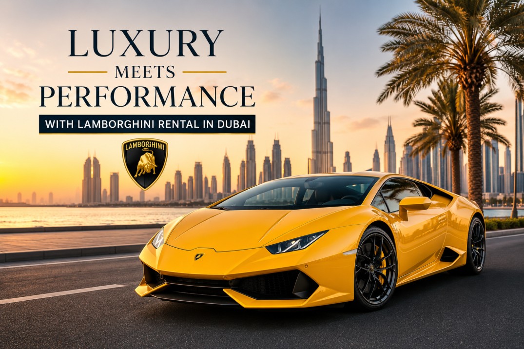 Luxury Lamborghini rental in Dubai driving along the city skyline