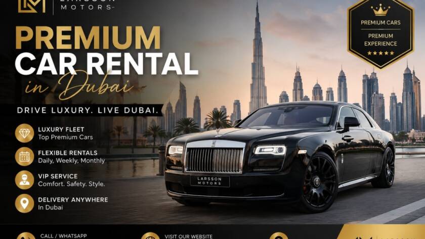 Premium car rental Dubai luxury vehicle parked near Dubai skyline