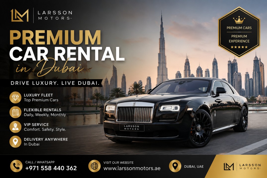 Premium car rental Dubai luxury vehicle parked near Dubai skyline