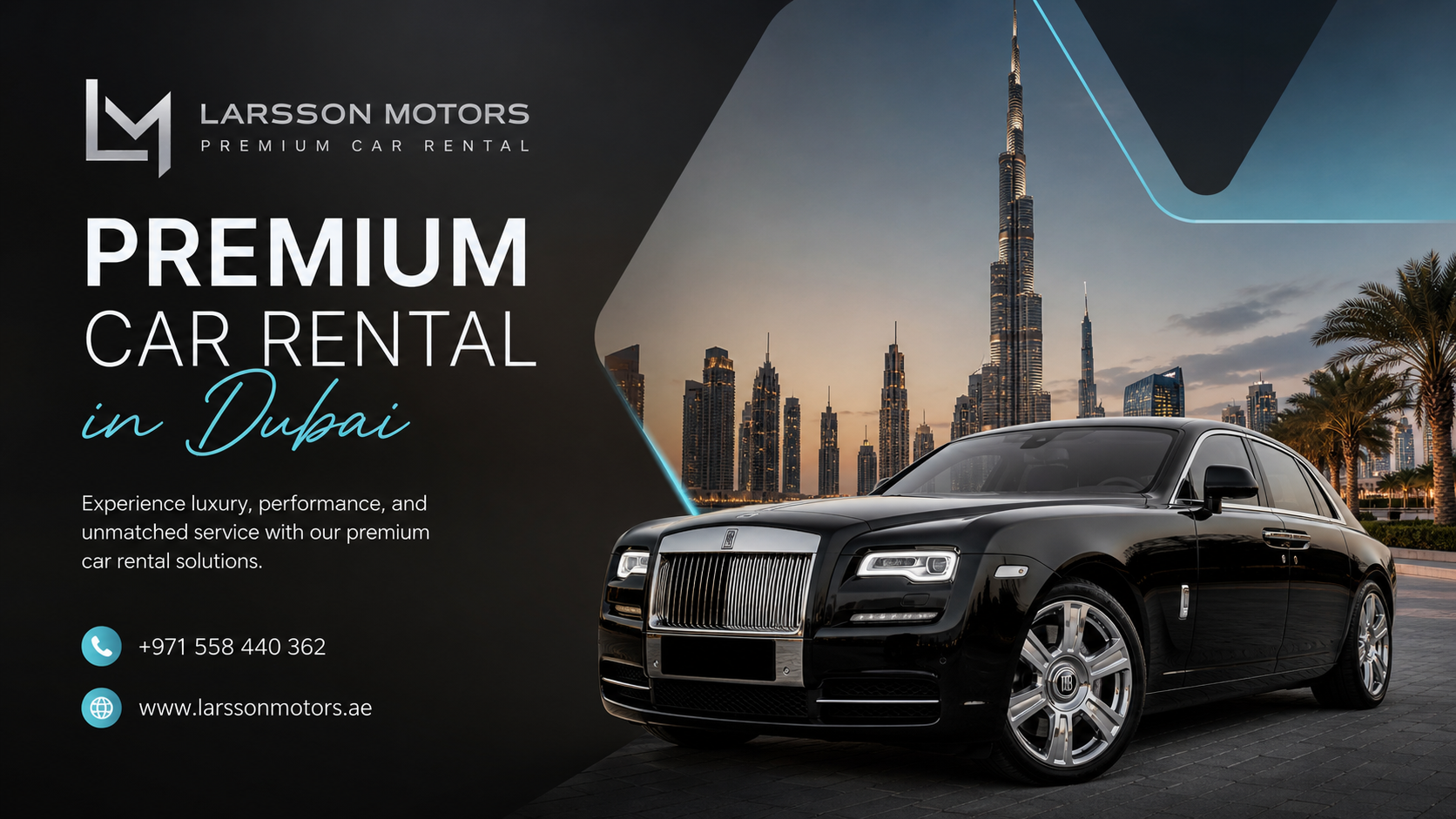 Premium car rental in Dubai with luxury black sedan and Larsson Motors branding against Dubai skyline