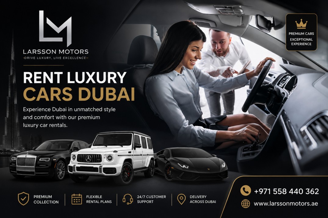 Luxury car parked in Dubai city with premium skyline view