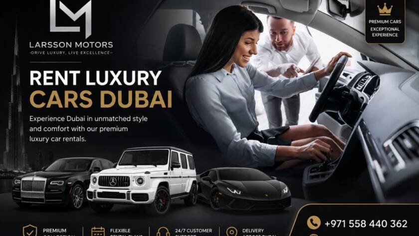 Luxury car parked in Dubai city with premium skyline view