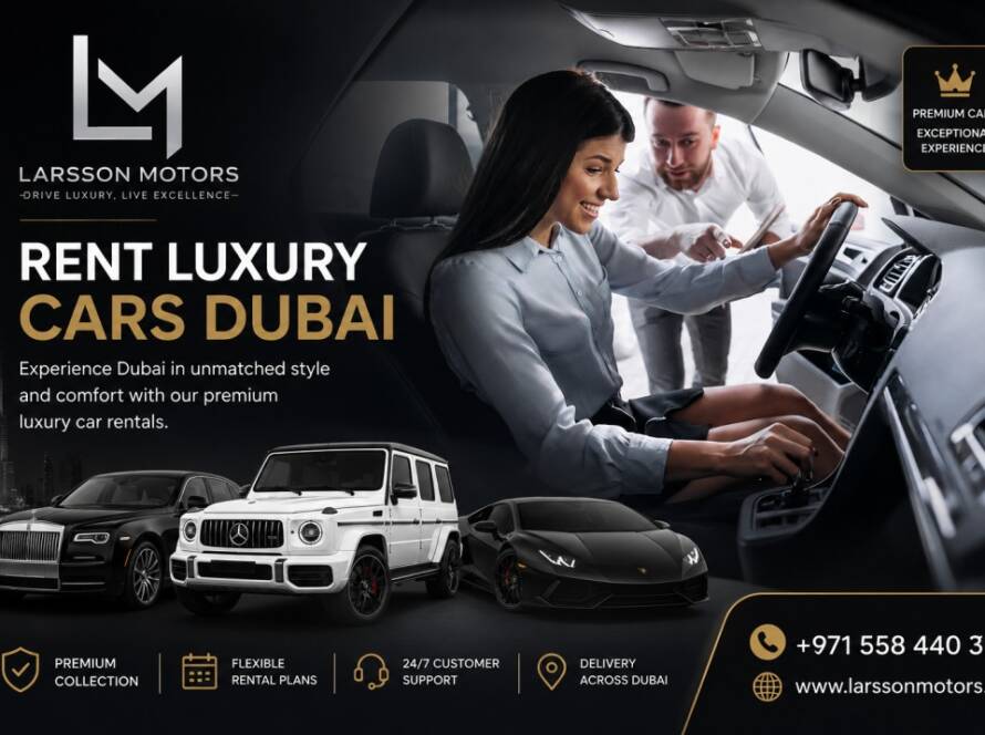Luxury car parked in Dubai city with premium skyline view