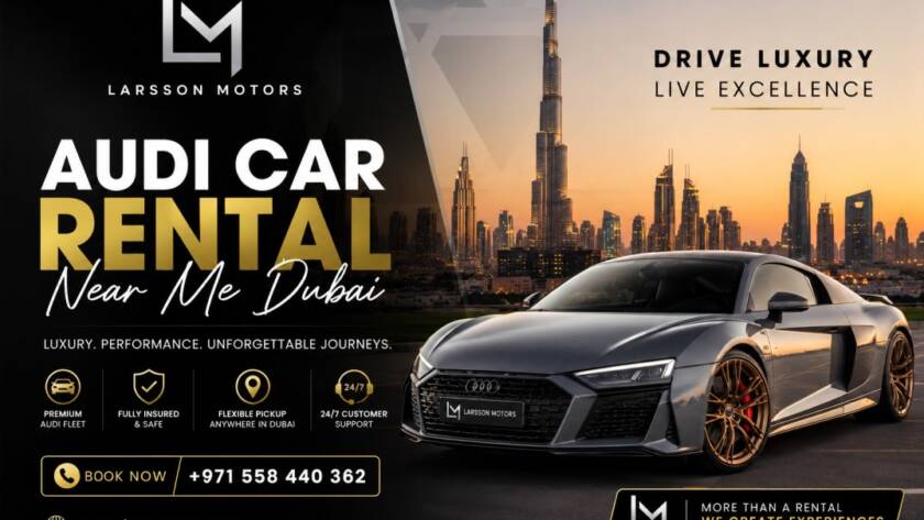 Luxury Audi car rental near me Dubai banner by Larsson Motors featuring a premium Audi