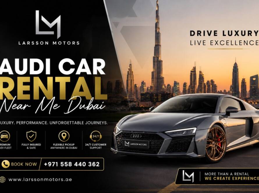 Luxury Audi car rental near me Dubai banner by Larsson Motors featuring a premium Audi