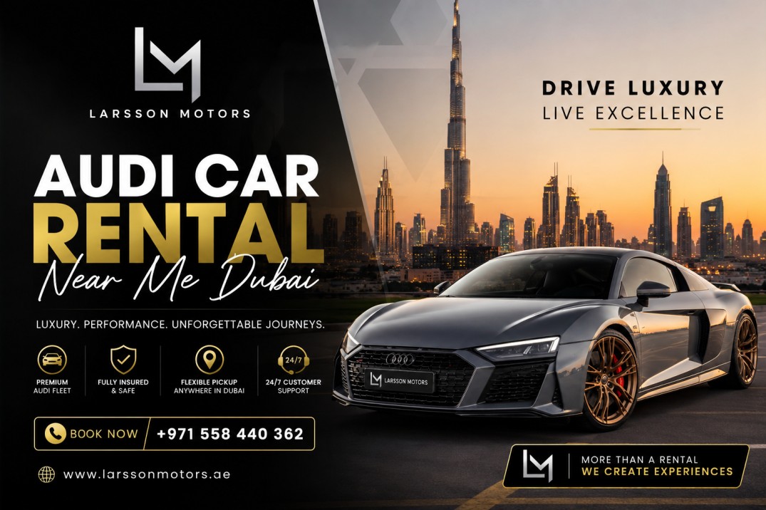 Luxury Audi car rental near me Dubai banner by Larsson Motors featuring a premium Audi