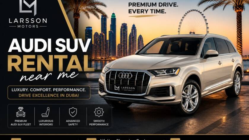 Premium Audi SUV rental in Dubai with luxury city skyline background