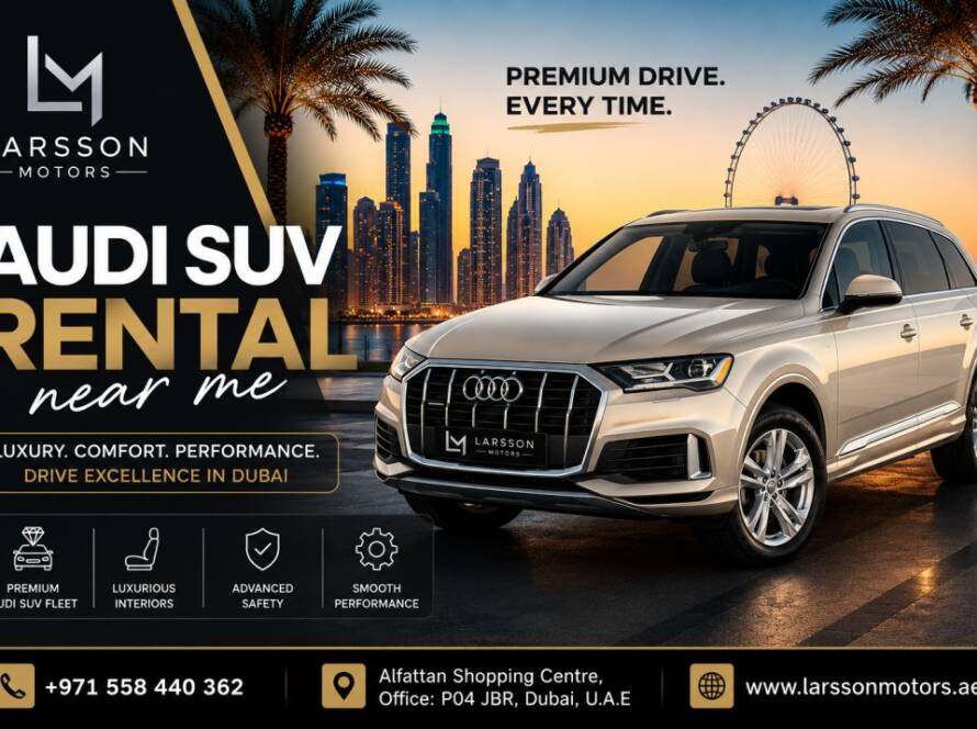 Premium Audi SUV rental in Dubai with luxury city skyline background
