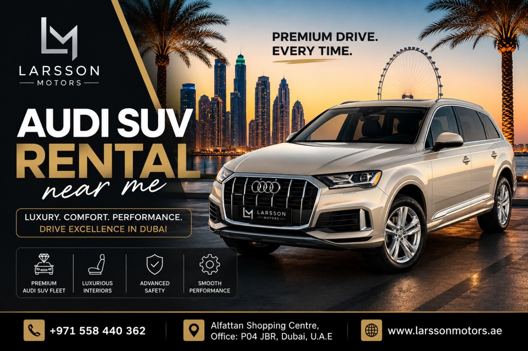 Premium Audi SUV rental in Dubai with luxury city skyline background