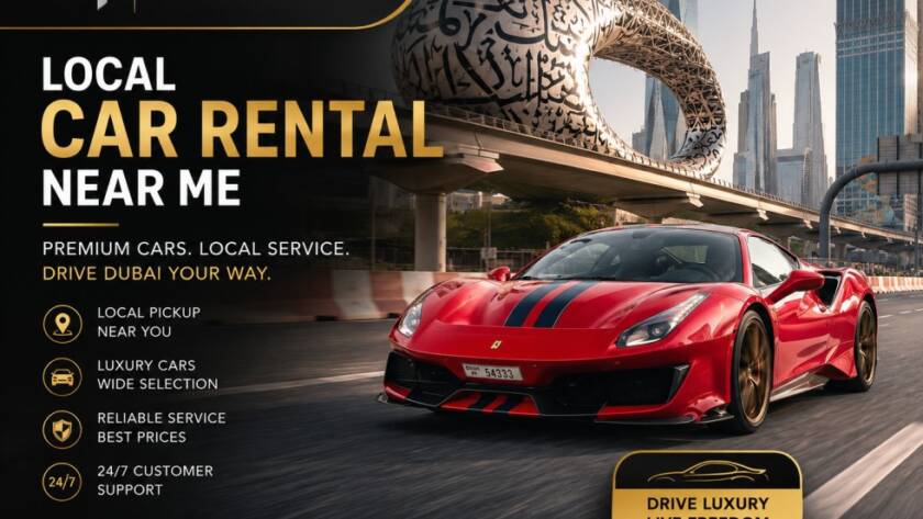 Red luxury sports car driving in Dubai for local car rental near me service by Larsson Motors