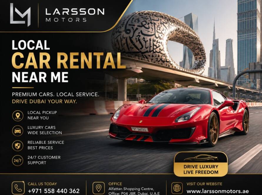 Red luxury sports car driving in Dubai for local car rental near me service by Larsson Motors