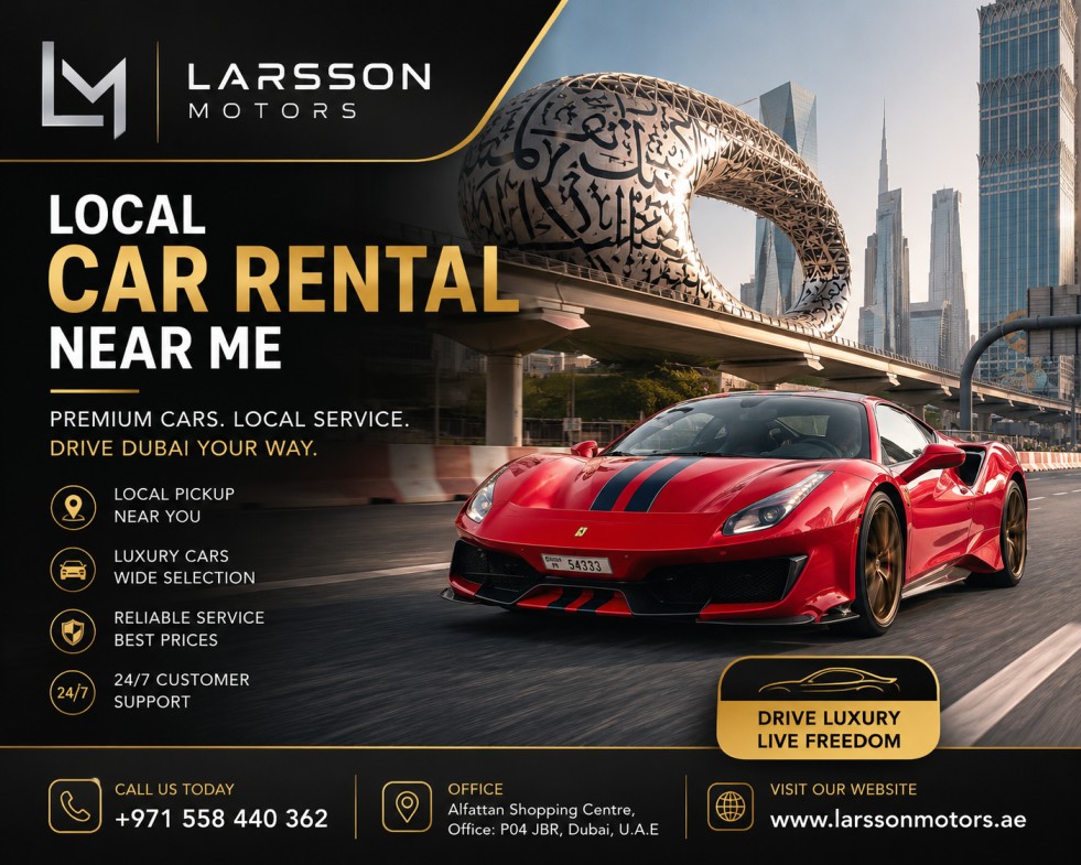 Red luxury sports car driving in Dubai for local car rental near me service by Larsson Motors