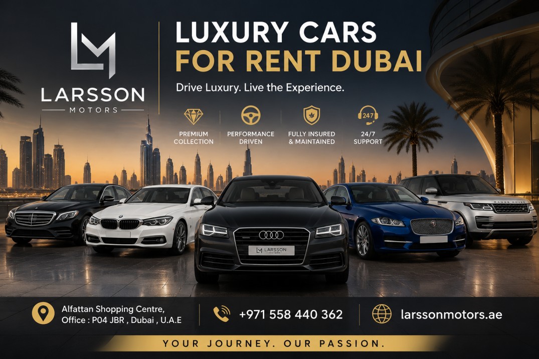Luxury cars for rent Dubai with premium vehicles parked in Dubai city