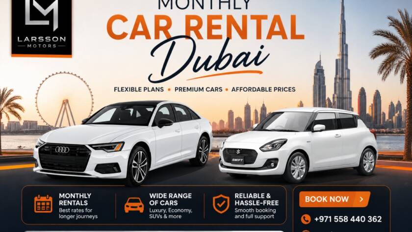 Luxury monthly car rental Dubai vehicle parked near Downtown Dubai skyline