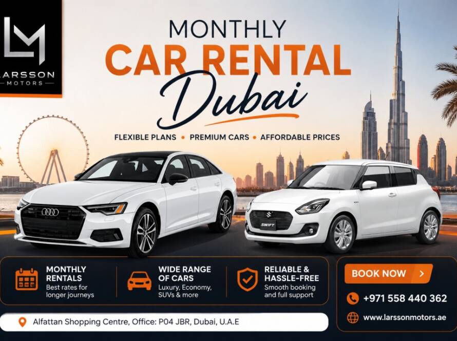 Luxury monthly car rental Dubai vehicle parked near Downtown Dubai skyline