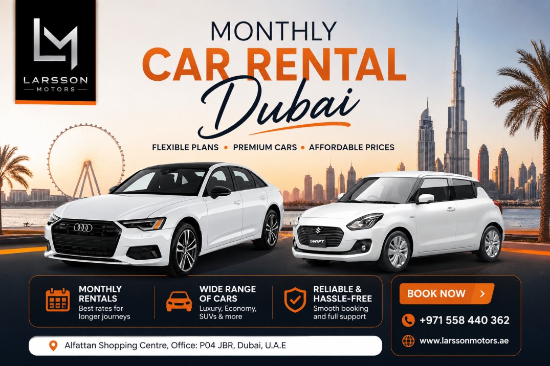 Luxury monthly car rental Dubai vehicle parked near Downtown Dubai skyline