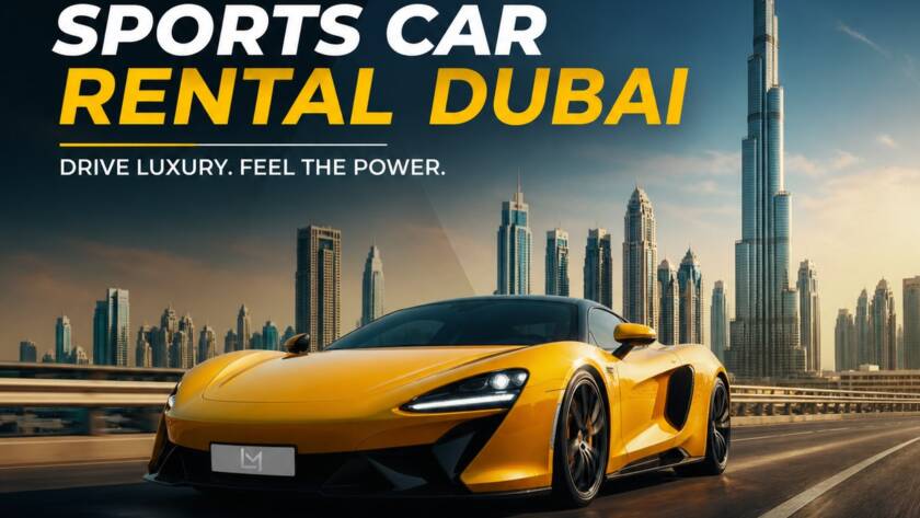 premium sports car rental Dubai luxury car on Dubai road skyline