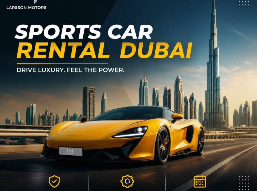 premium sports car rental Dubai luxury car on Dubai road skyline