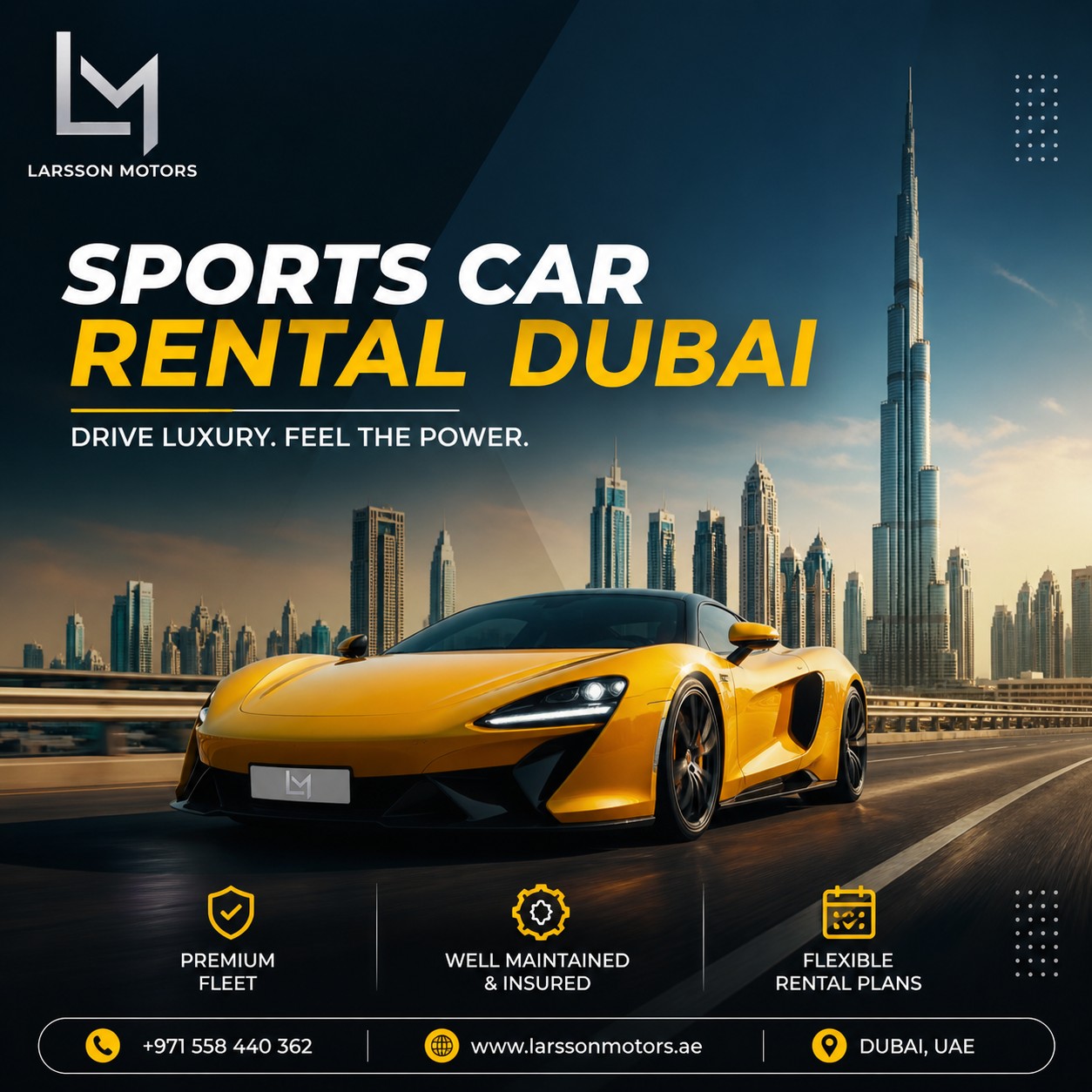 premium sports car rental Dubai luxury car on Dubai road skyline