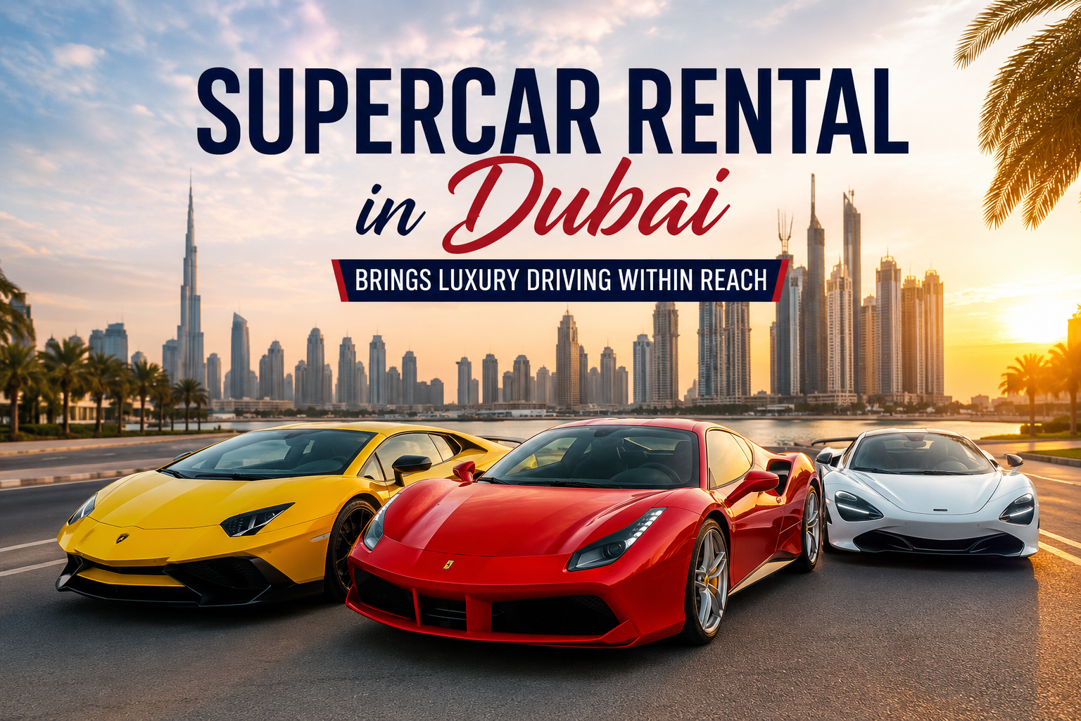 Luxury supercar rental in Dubai with premium sports cars driving through the city skyline