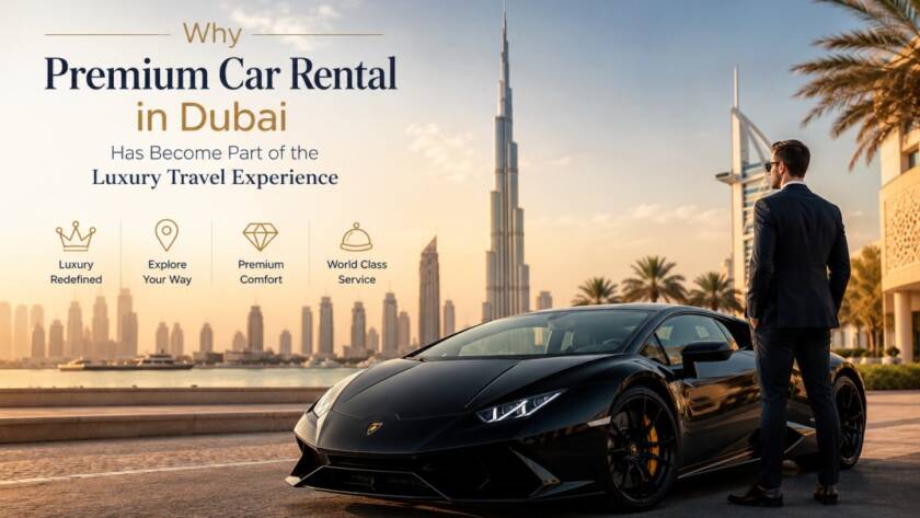 Luxury premium car rental experience in Dubai featuring a high-end sports car parked along a waterfront promenade with the Dubai skyline