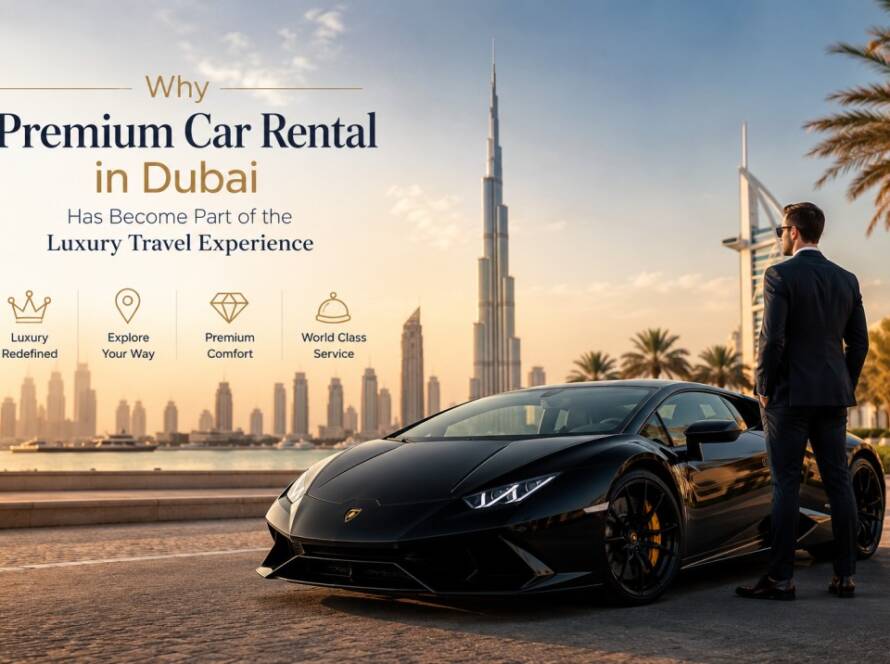 Luxury premium car rental experience in Dubai featuring a high-end sports car parked along a waterfront promenade with the Dubai skyline