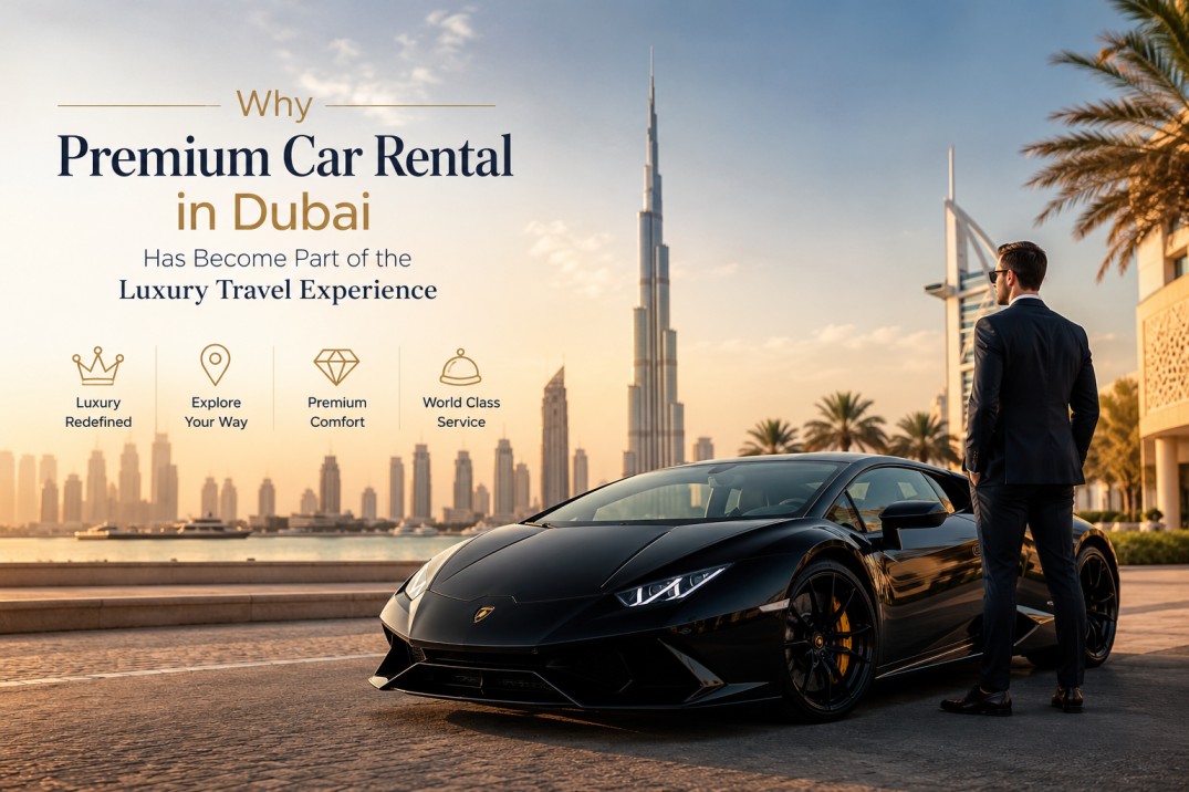Luxury premium car rental experience in Dubai featuring a high-end sports car parked along a waterfront promenade with the Dubai skyline