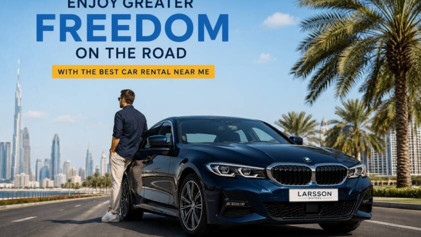 Luxury rental car parked in Dubai city with premium skyline view