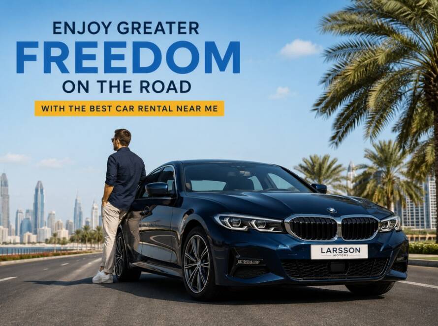 Luxury rental car parked in Dubai city with premium skyline view