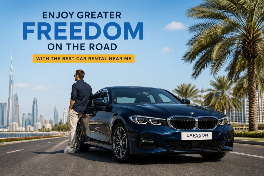 Luxury rental car parked in Dubai city with premium skyline view