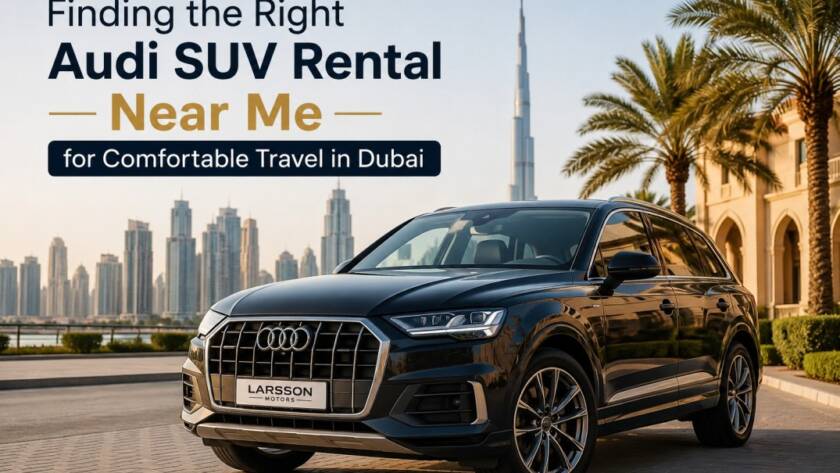 Luxury Audi SUV parked in Dubai city with modern skyline background