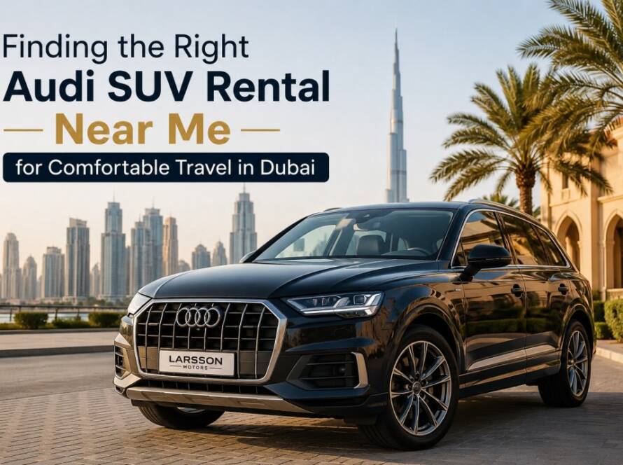 Luxury Audi SUV parked in Dubai city with modern skyline background