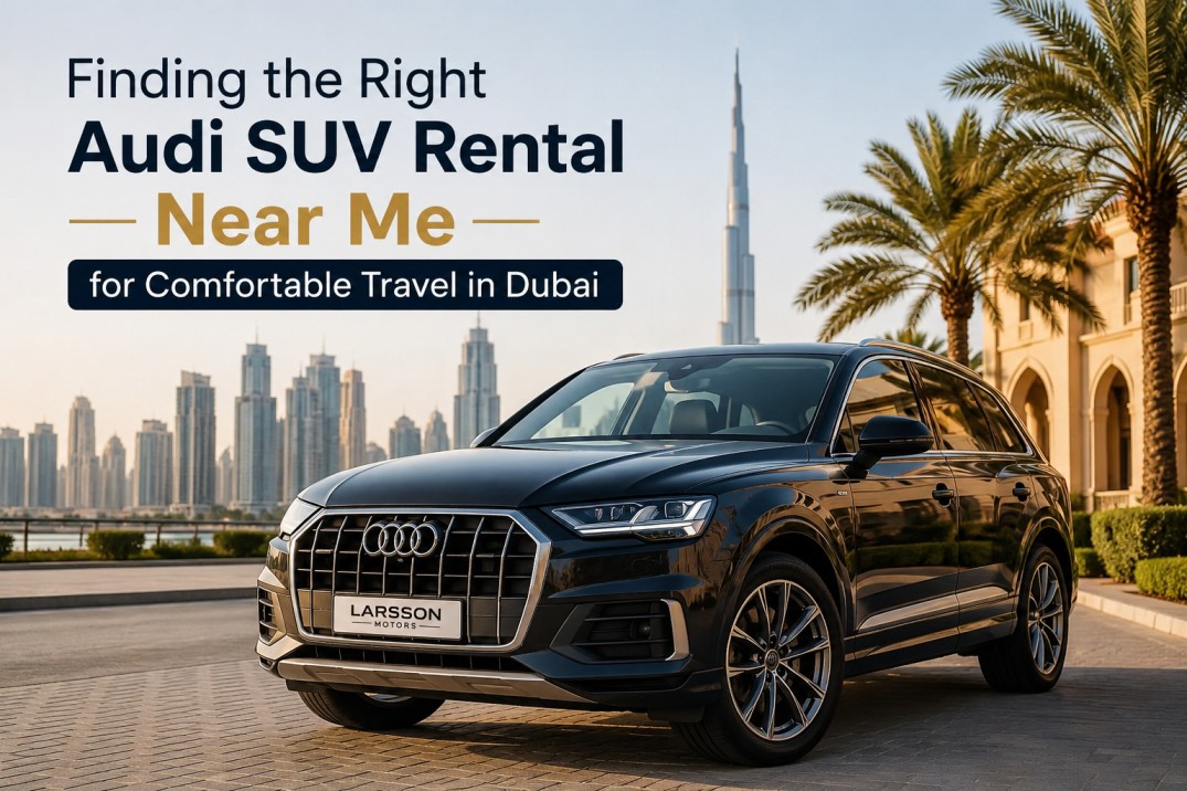 Luxury Audi SUV parked in Dubai city with modern skyline background