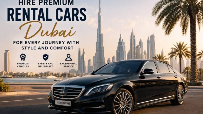 Luxury premium rental car parked in front of a modern Dubai skyline for business and leisure travel