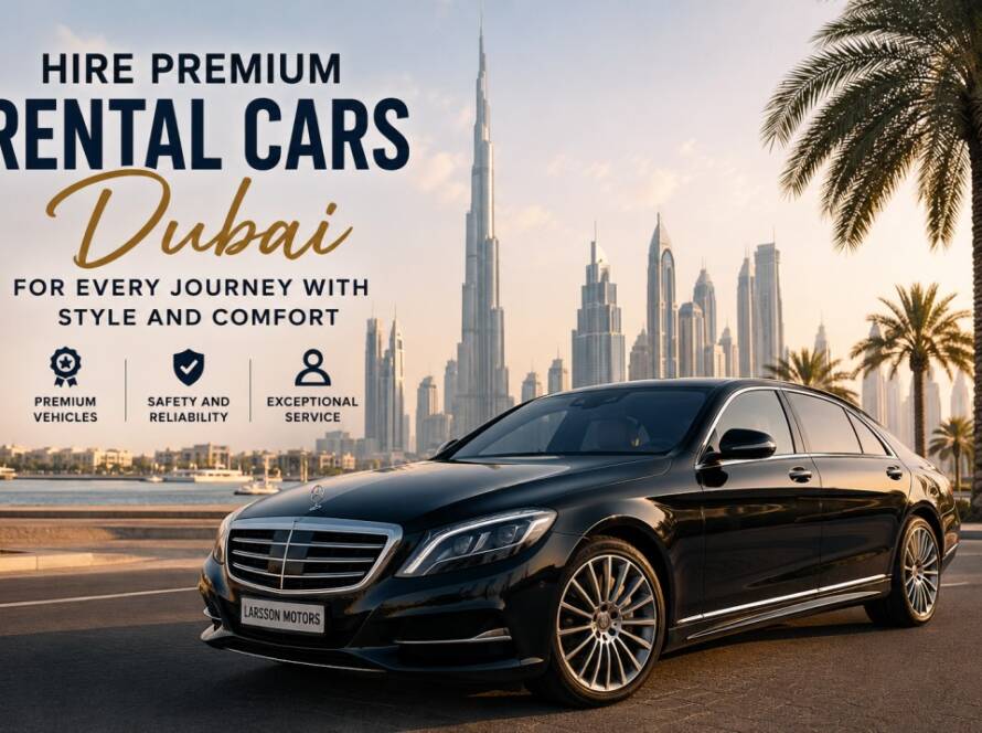 Luxury premium rental car parked in front of a modern Dubai skyline for business and leisure travel