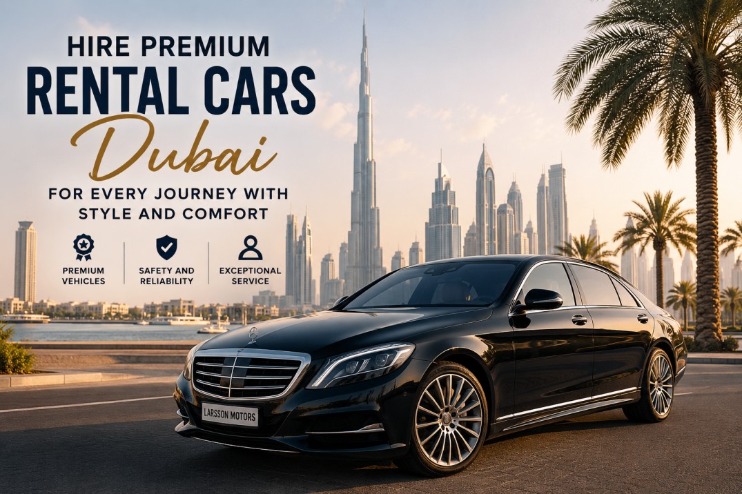 Luxury premium rental car parked in front of a modern Dubai skyline for business and leisure travel