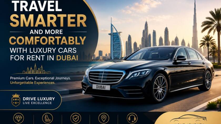 Luxury cars for rent in Dubai parked near modern skyline and premium destinations