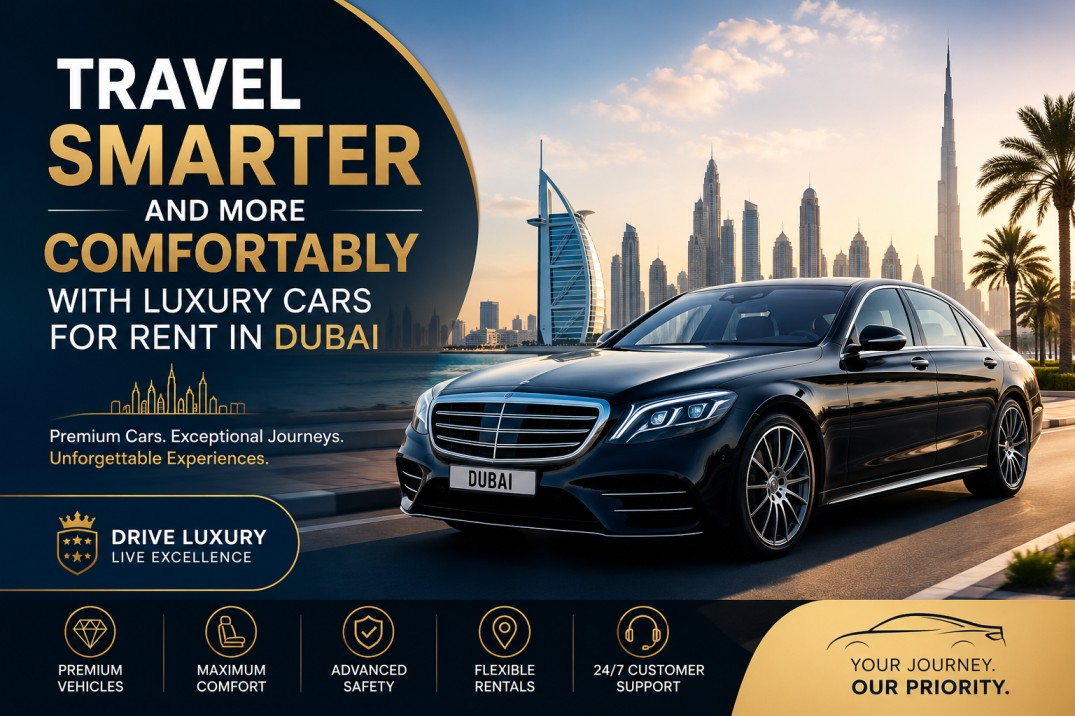 Luxury cars for rent in Dubai parked near modern skyline and premium destinations