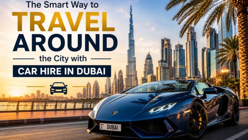 Luxury vehicle parked near Dubai skyline showcasing premium car hire services in Dubai