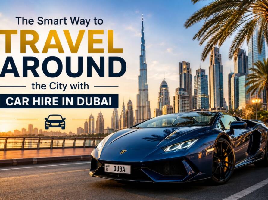 Luxury vehicle parked near Dubai skyline showcasing premium car hire services in Dubai