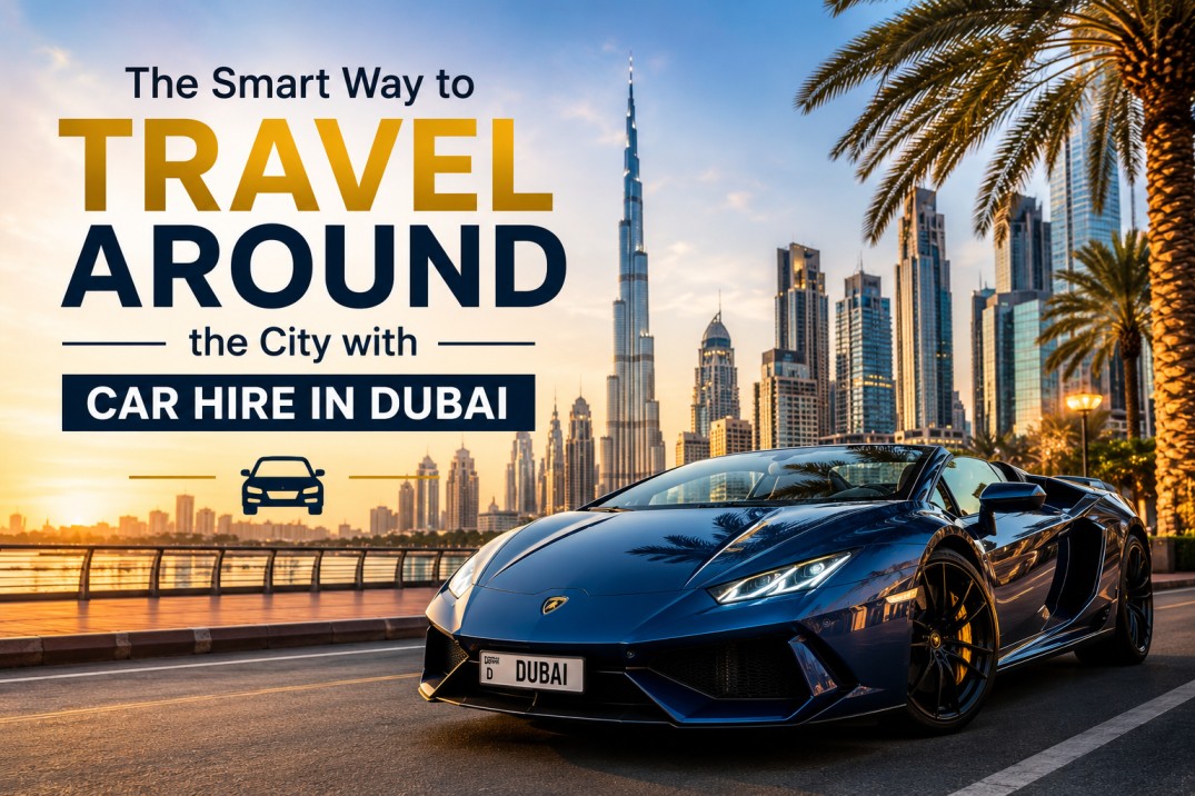 Luxury vehicle parked near Dubai skyline showcasing premium car hire services in Dubai