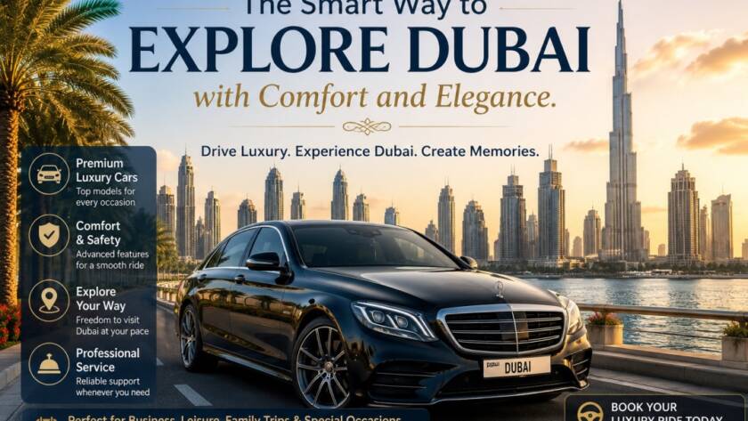 Luxury rental car parked near Dubai skyline for premium travel experience