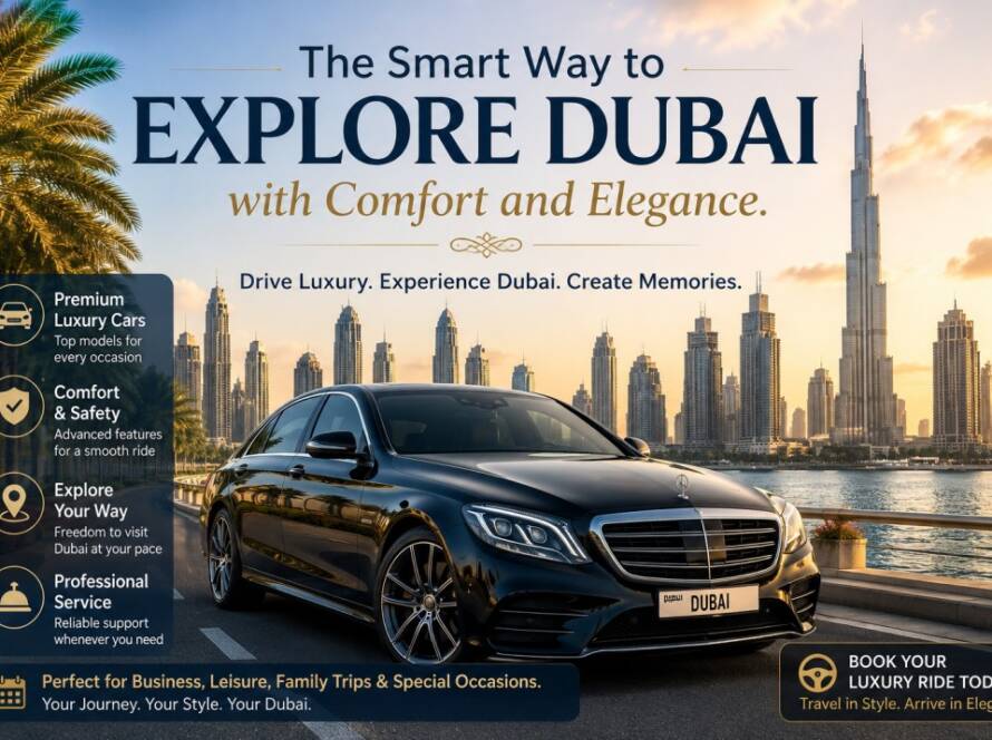 Luxury rental car parked near Dubai skyline for premium travel experience