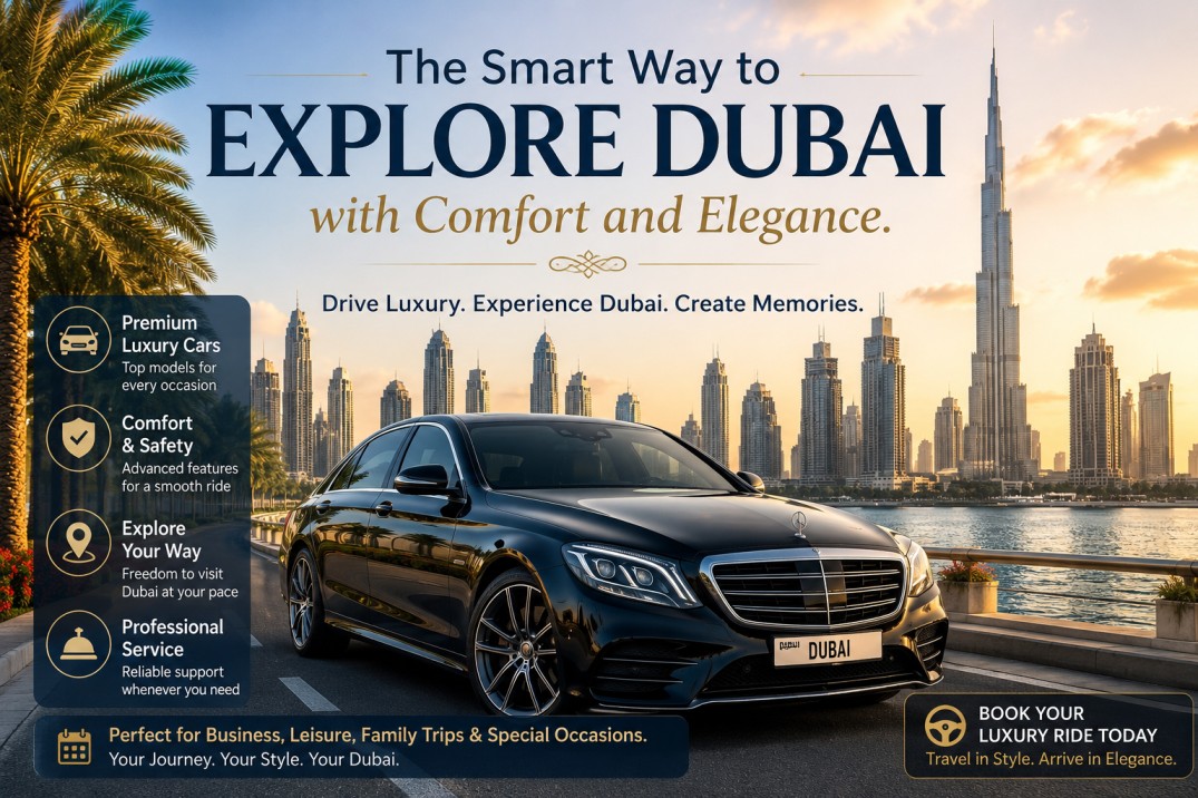 Luxury rental car parked near Dubai skyline for premium travel experience
