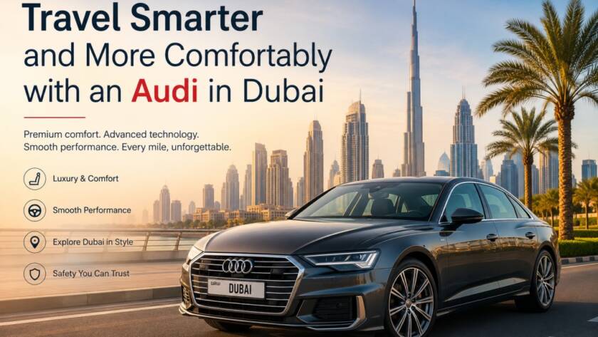 Luxury Audi rental car parked in Dubai city with modern skyline
